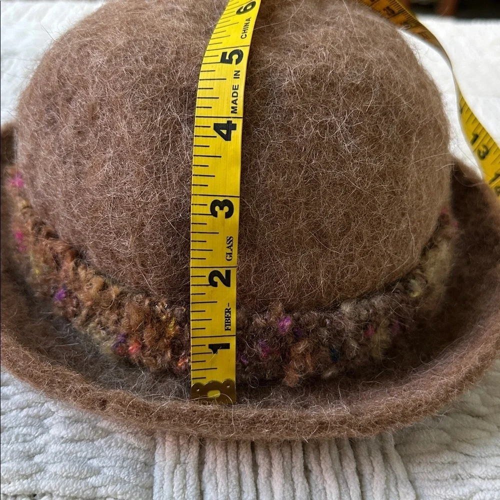 Felted boho trilby crochet hat in Heathered felted born and multicolor wrap
